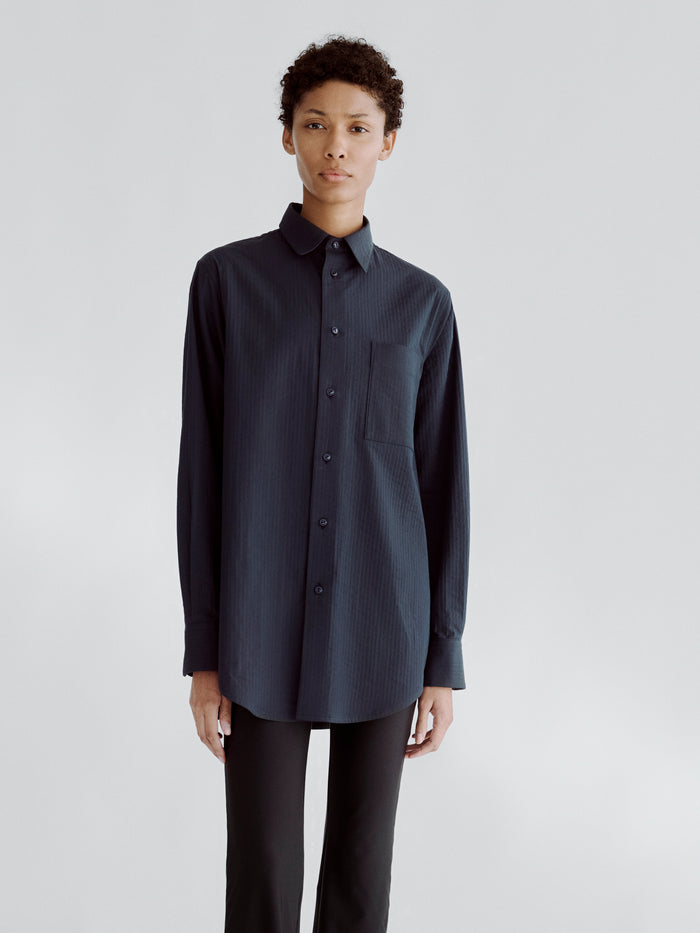 LAFINE Crisp Shirt in Deep Blue cotton. Designed by Yvonne Koné. Made in Italy.