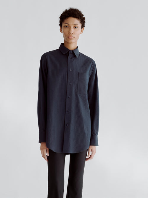 LAFINE Crisp Shirt in Deep Blue cotton. Designed by Yvonne Koné. Made in Italy.