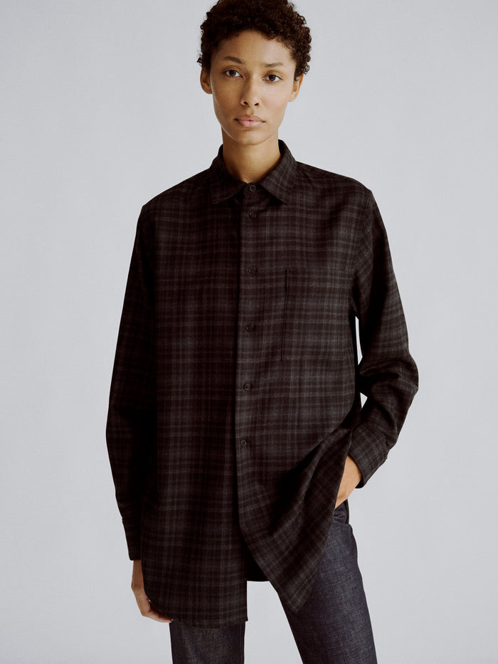 LAFINE Crisp Shirt in Onyx check wool. Designed by Yvonne Koné. Made in Italy.