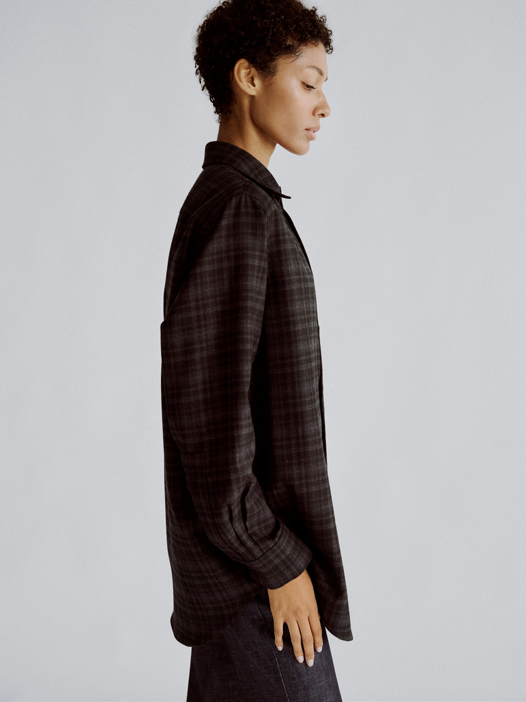 LAFINE Crisp Shirt in Onyx check wool. Designed by Yvonne Koné. Made in Italy.