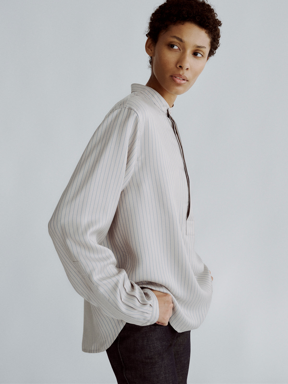 LAFINE Pop Shirt in Silver striped silk. Designed by Yvonne Koné. Made in Italy.