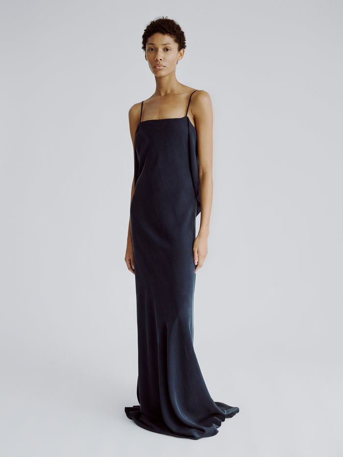 LAFINE Dress in Deep Blue cupro. Designed by Yvonne Koné. Made in Italy.