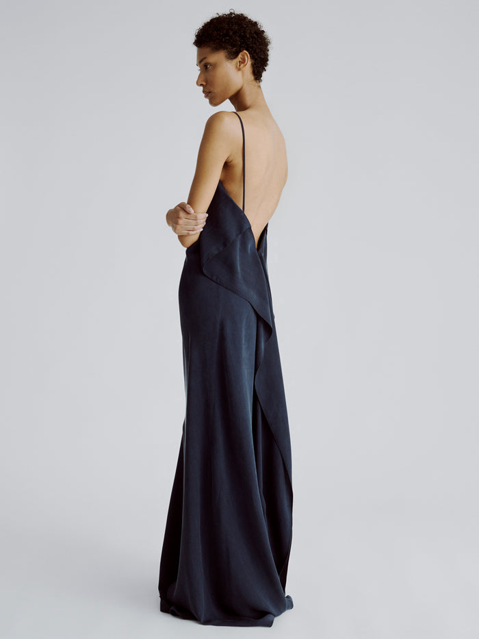 LAFINE Dress in Deep Blue cupro. Designed by Yvonne Koné. Made in Italy.