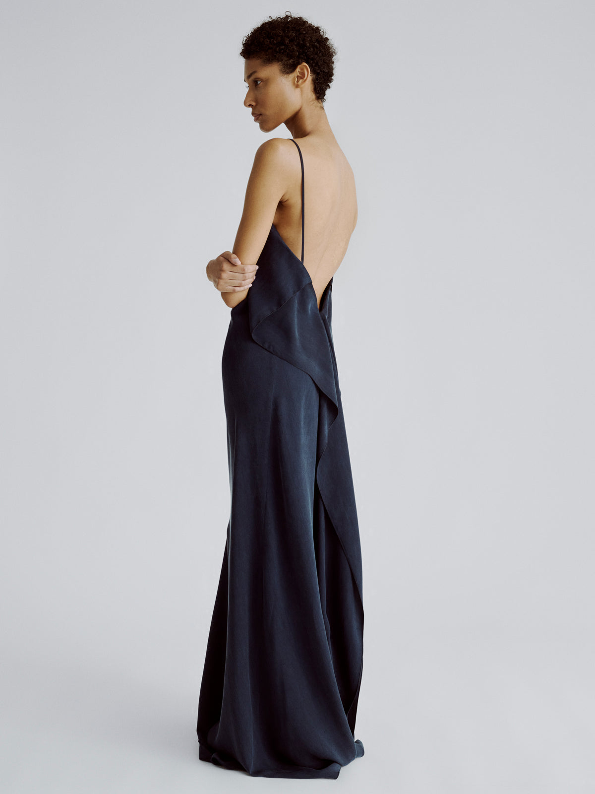 LAFINE Dress in Deep Blue cupro. Designed by Yvonne Koné. Made in Italy.