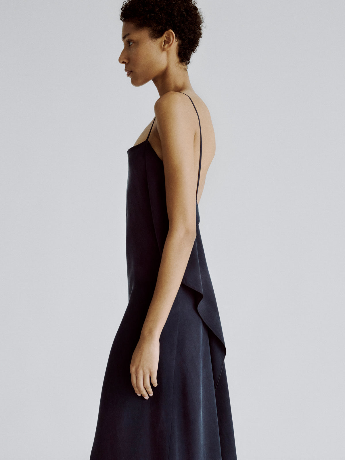 LAFINE Dress in Deep Blue cupro. Designed by Yvonne Koné. Made in Italy.