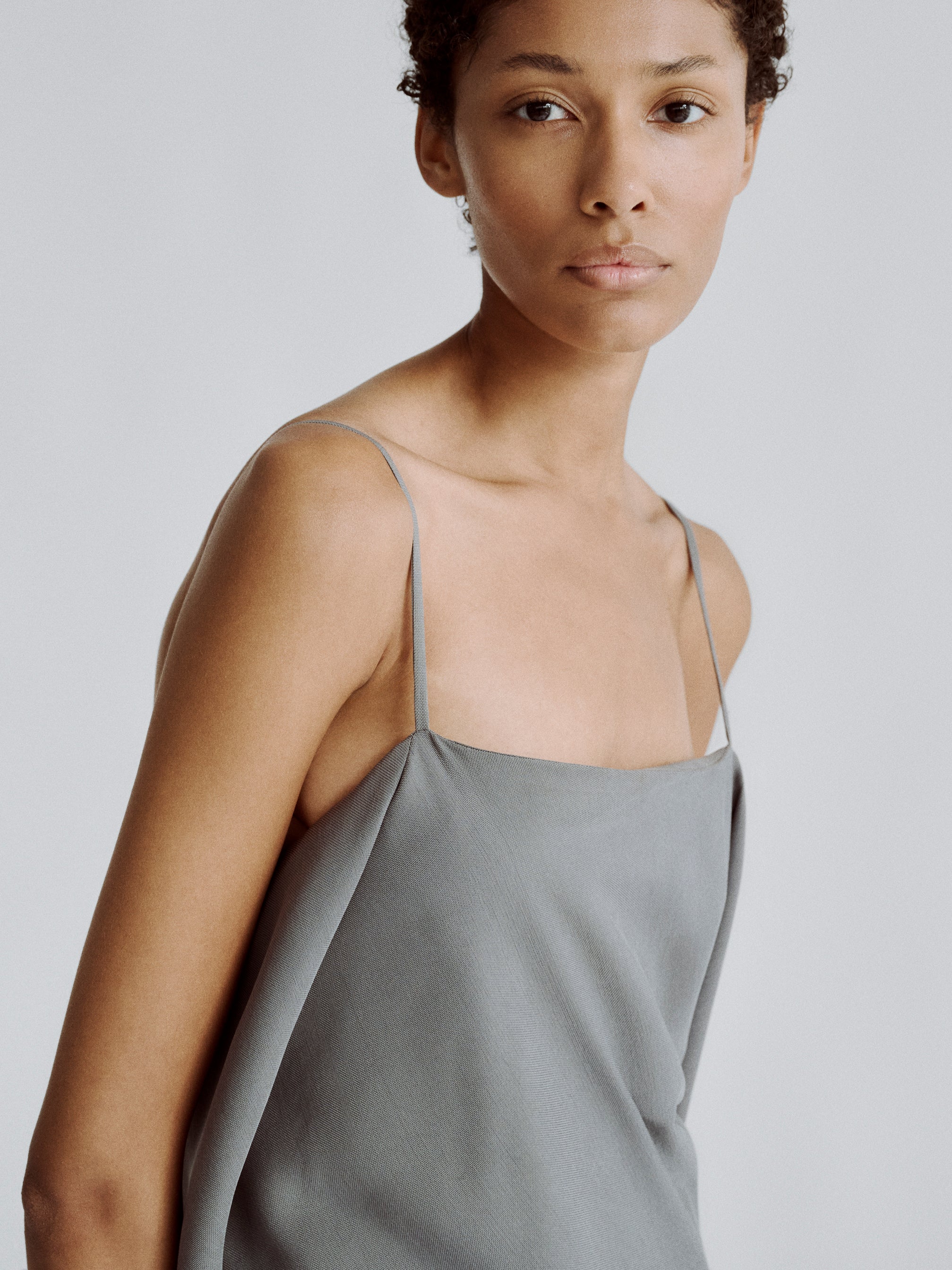 LAFINE Dress in Steel Grey cupro. Designed by Yvonne Koné. Made in Italy.
