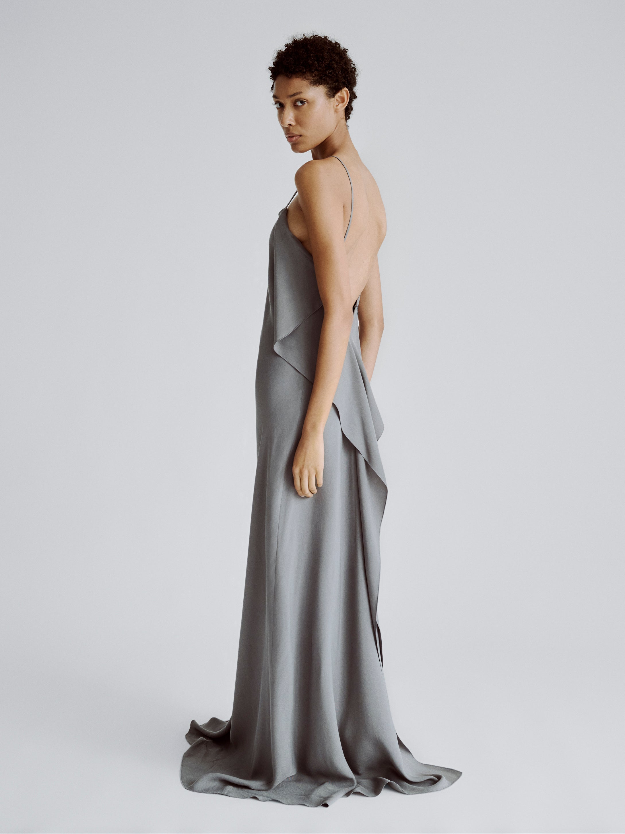 LAFINE Dress in Steel Grey cupro. Designed by Yvonne Koné. Made in Italy.