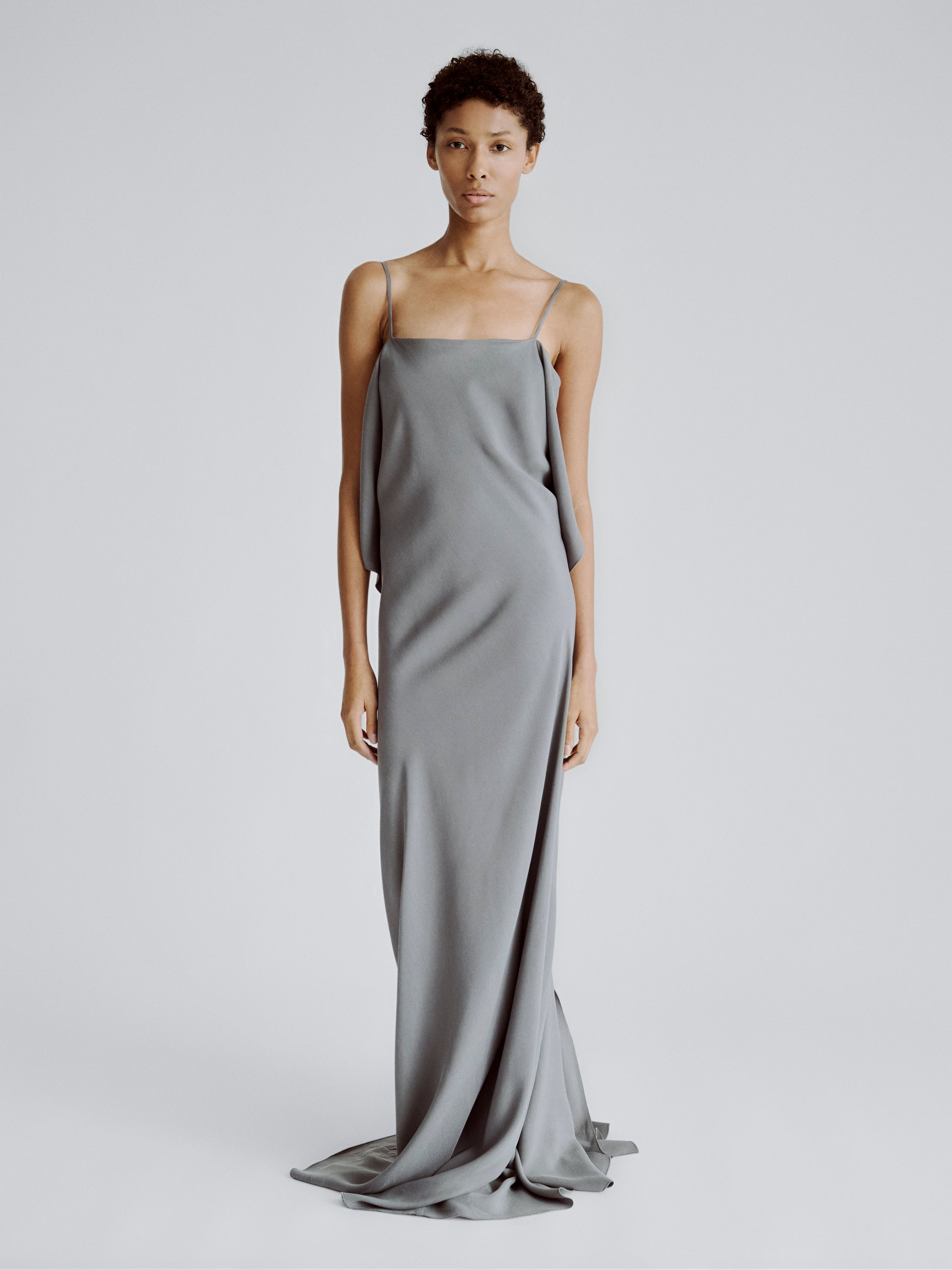 LAFINE Dress in Steel Grey cupro. Designed by Yvonne Koné. Made in Italy.