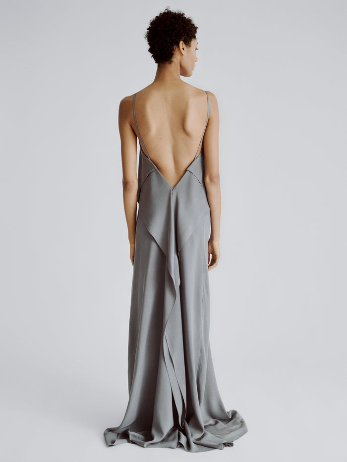 LAFINE Dress in Steel Grey cupro. Designed by Yvonne Koné. Made in Italy.