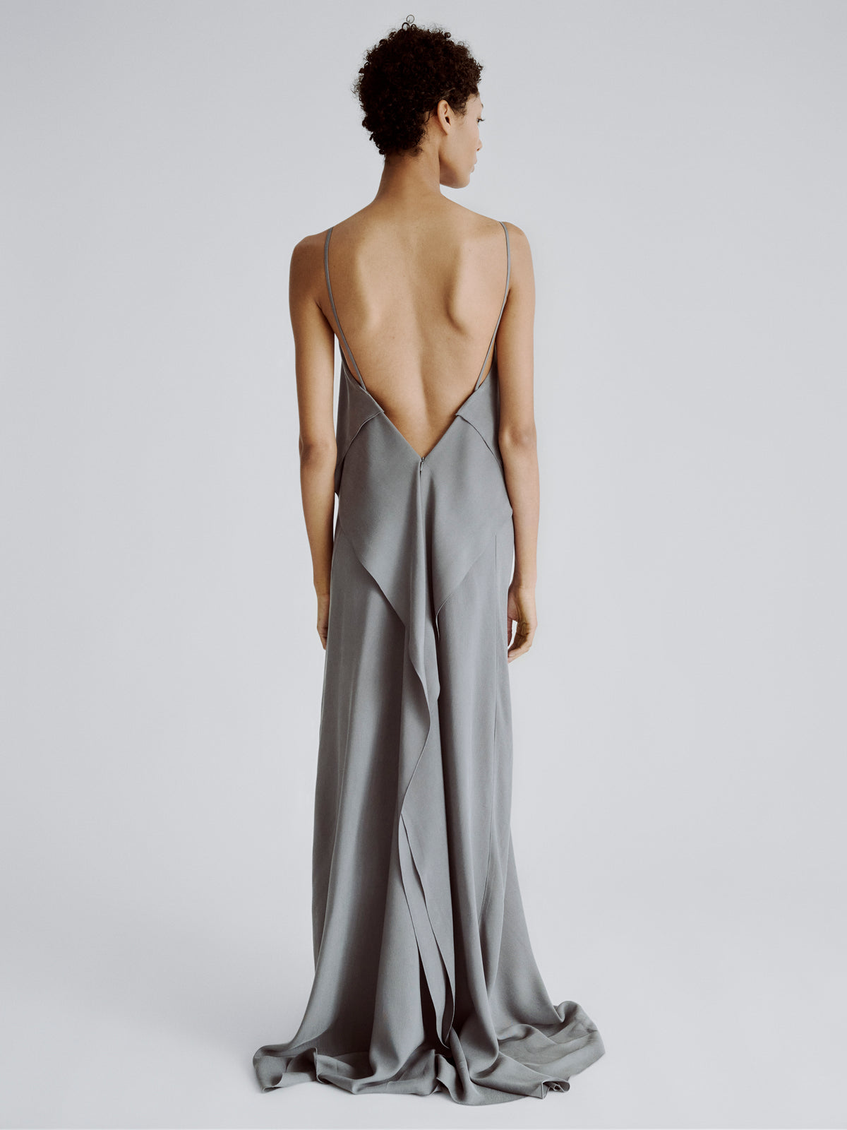LAFINE Dress in Steel Grey cupro. Designed by Yvonne Koné. Made in Italy.
