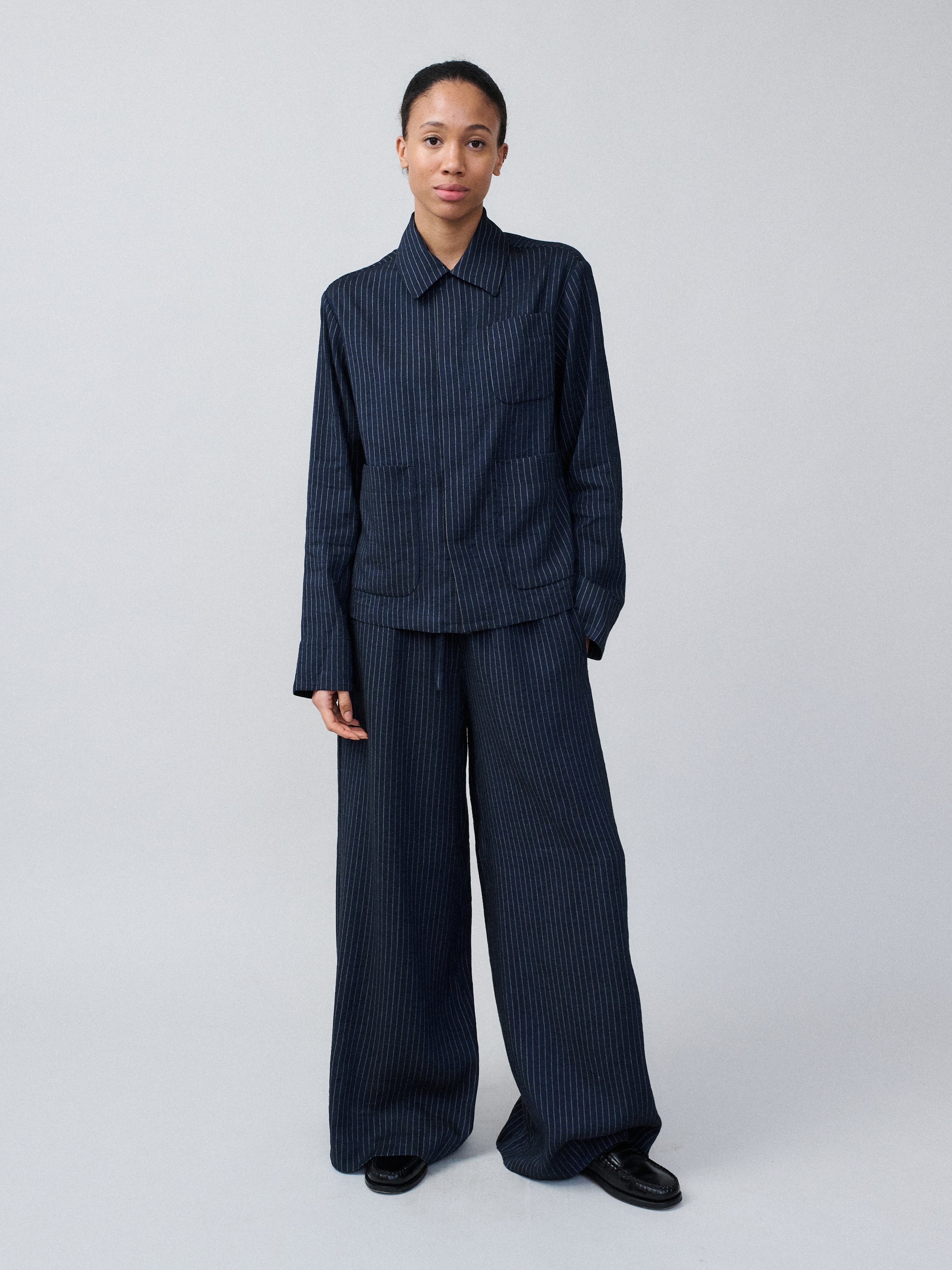 The Set Jacket – Viscose Linen Striped Navy